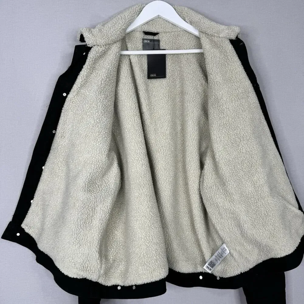 ASOS Womens Jean‎ Jacket 2XL Black Faux Fur Sherpa Lined Denim Trucker Barn Coat